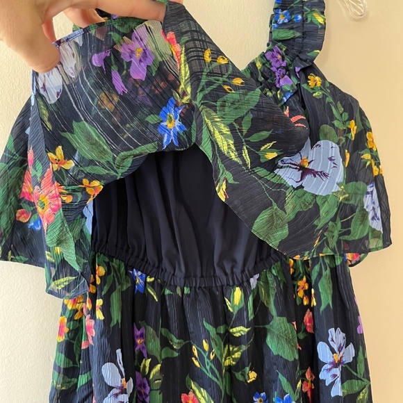 Club Monaco Oversized Silk‎ Lined Tiered Floral Stretch Navy Dress, Size 4 or 6 - Picture 10 of 15